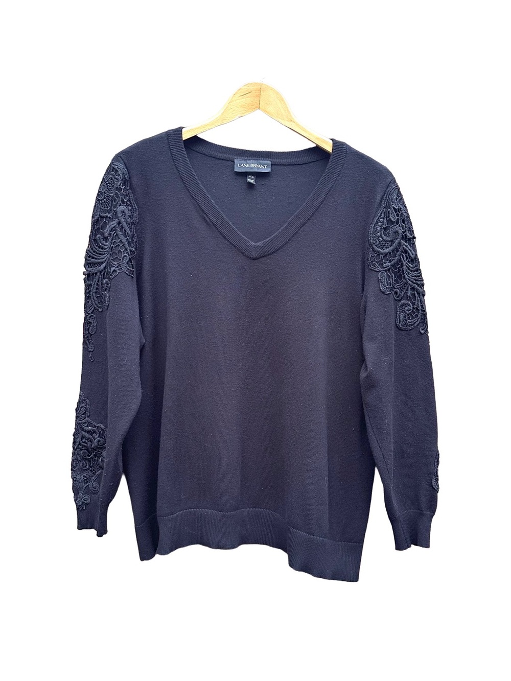 Lane Bryant V-Neck Sweater Black With Sleeve Lace Accents 14 / 16